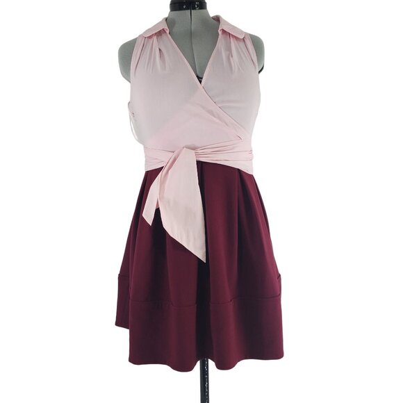 Leifnotes Pink & Burgundy Sleeveless Wrap Dress With Tie Waist - Size 10P - Picture 1 of 15